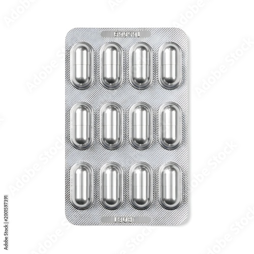 Blister pack containing twelve elongated capsules arranged in three rows of four.