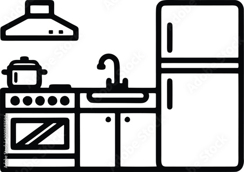 Complete Kitchen Interior Fridge. Fully equipped kitchen space with a refrigerator, stove, oven, sink, and storage cabinets.