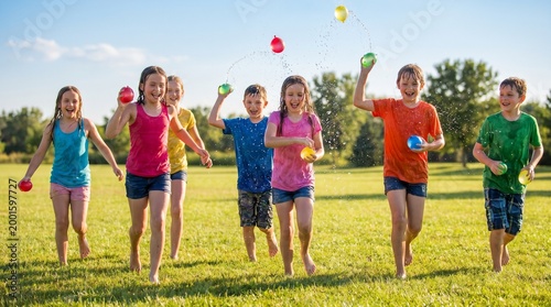 Children playing water balloon fight outdoors on sunny summer day  