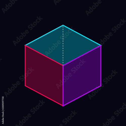 Abstract neon isometric cube with glowing pink blue and purple edges on dark background illustration