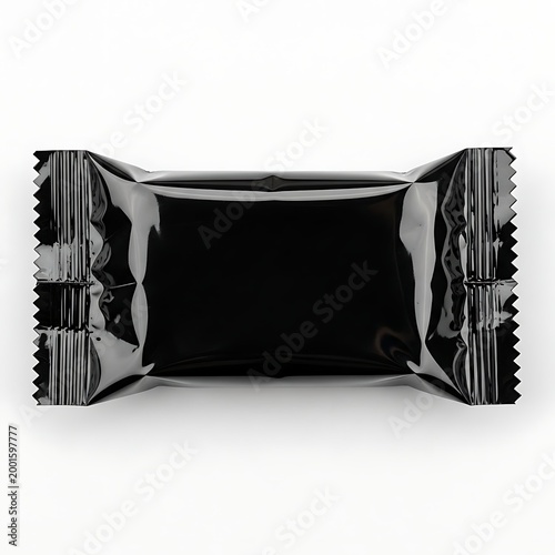 A sleek black foil-wrapped chocolate bar with a shiny metallic appearance.