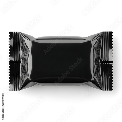 A wrapped chocolate bar in shiny silver foil packaging with black interior.