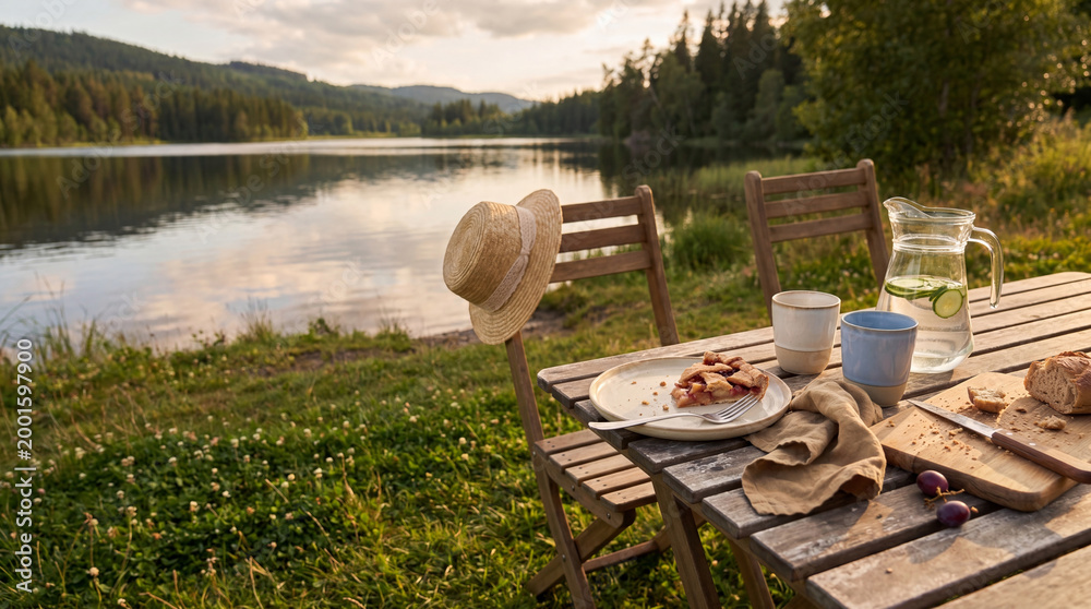 Obraz premium Picnic table with fresh berry pie and cold drink set by calm lake at sunset. Rural countryside relaxing atmosphere for summer vacation. Outdoor dining experience in nature landscape.