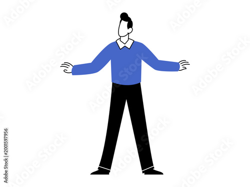 Man in blue sweater standing with arms open vector illustration. Business strategy, future vision, career growth, decision making, personal development, lifestyle. Male character gesturing