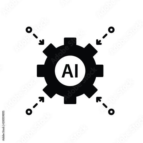 Machine Learning icon. Gear and AI node in the center with small lines pointing inward. Work flow, automation, Engine. Flat design style.