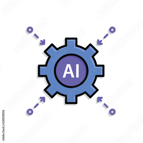 Machine Learning icon. Gear and AI node in the center with small lines pointing inward. Work flow, automation, Engine. Isometric design style.