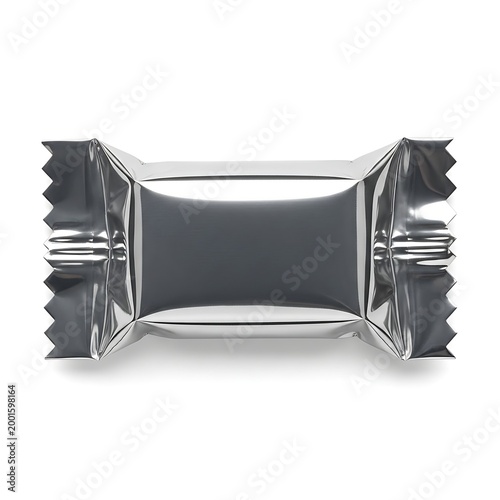 Shiny silver foil wrapped candy bar package with crinkled edges