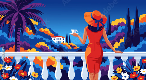 Woman enjoying a relaxing view with a cup of tea, vector illustration in a vibrant landscape