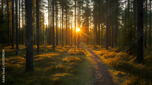 Golden Sunlight Path Through Pine Forest