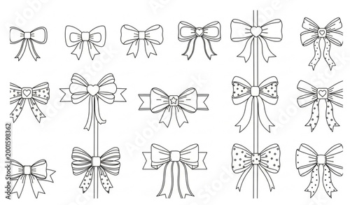 A stylish vector set of coquette ribbon bows drawn in minimal doodle outline style on a solid white background. The collection includes romantic vintage bows, hair ribbon knots, wrapped present bows, 