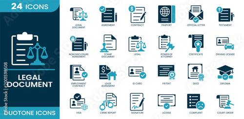 Legal document icon set. Certificate, agreement, contract, documentation, legal, passport, ID card, license, official letter. Duotone vector icons.