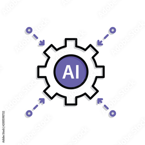 Machine Learning icon. Gear and AI node in the center with small lines pointing inward. Work flow, automation, Engine. Mixed design style.