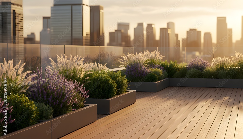 Obraz premium A horizontal image of a lush urban garden on a rooftop terrace featuring decorative plants and a city skyline at sunset for sustainable living concept and luxury architecture