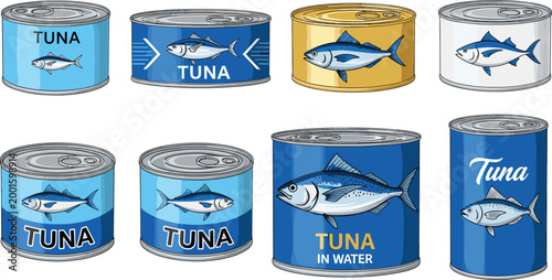 Tableau sur toile Tuna Fish Canned Food Set with Different Packaging Labels and Metal Containers f