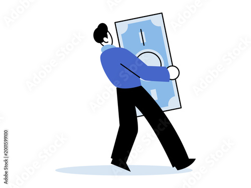 Man carrying a large money banknote vector illustration. Wealth accumulation, profit growth, earnings, financial success, savings, cash flow management. Male carrying a big dollar bill