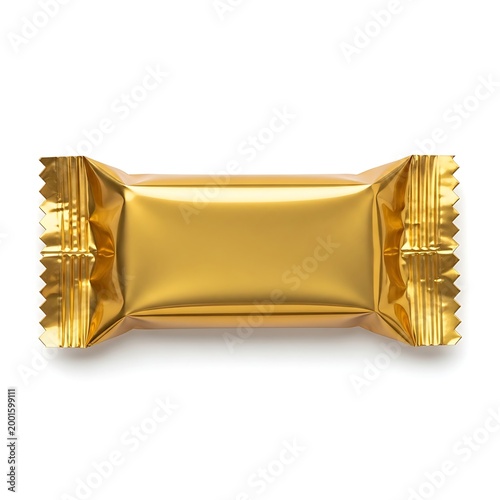 A golden foil-wrapped snack bar resting on a plain background