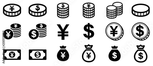 投資・通貨の白黒アイコンセット（コイン・紙幣・円ドルマークの金融シンボル／モノクロ＆反転デザイン素材）