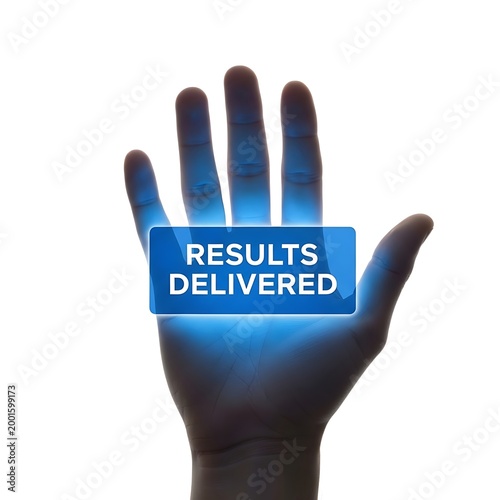 A hand displaying a glowing message indicating results have been delivered.