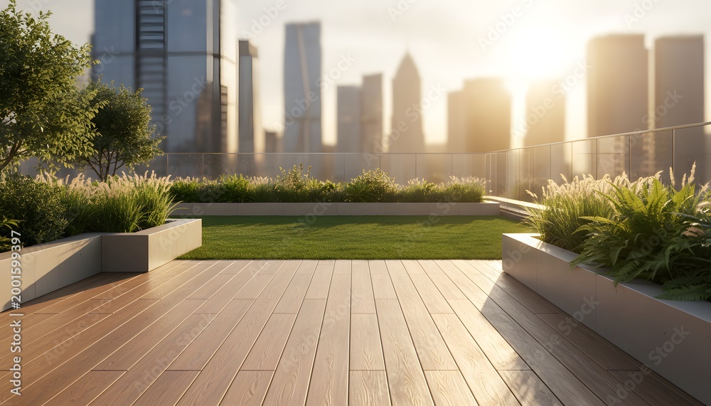 Obraz premium Modern landscaping and green city development in a rooftop garden overlooking a skyline with an urban oasis concept for sustainable living and luxury real estate