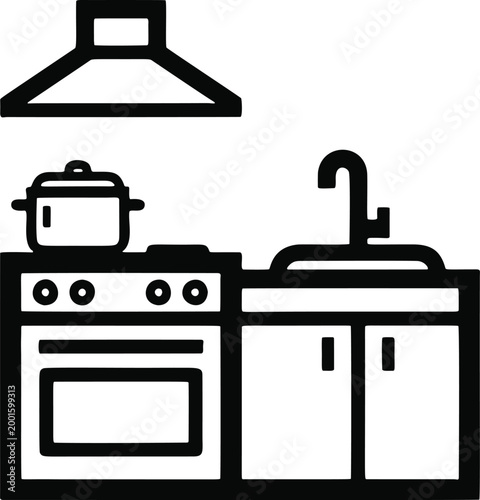 Modern Kitchen Counter And Stove. Domestic kitchen interior featuring a cooking stove, sink, and overhead exhaust hood for culinary.
