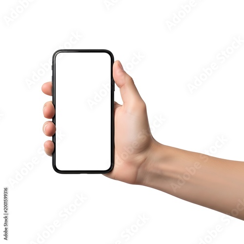 A hand holding a smartphone with a blank screen against a plain background