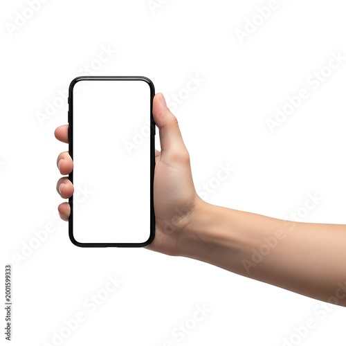 A hand holding a blank smartphone with a white screen against a plain background
