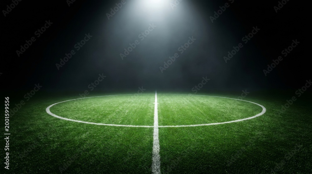 Naklejka premium Textured soccer game field with neon fog - center, midfield. Dramatic Center Circle of Soccer Field at Night with Spotlight and Dark Copy Space