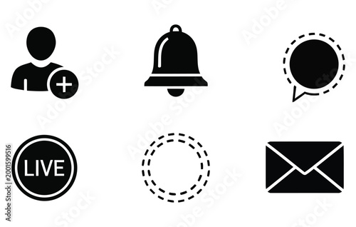 Black silhouette icons set communication live streaming and notification symbols for digital interfaces