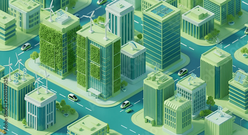 Green cityscape with sustainable architecture and renewable energy