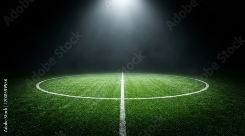 Textured soccer game field with neon fog - center, midfield. Dramatic Center Circle of Soccer Field at Night with Spotlight and Dark Copy Space
