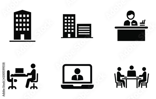 Black silhouette icons depicting business office work and communication in a modern corporate environment