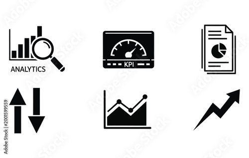 Black silhouette icons representing data analytics business growth and performance metrics in a modern style