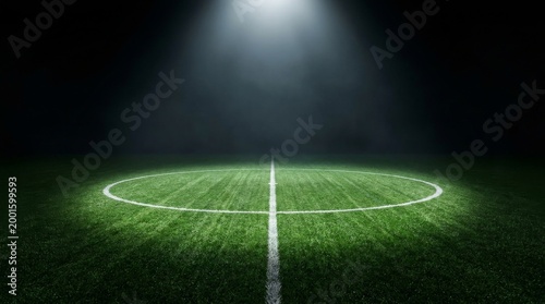 Textured soccer game field with neon fog - center, midfield. Dramatic Center Circle of Soccer Field at Night with Spotlight and Dark Copy Space