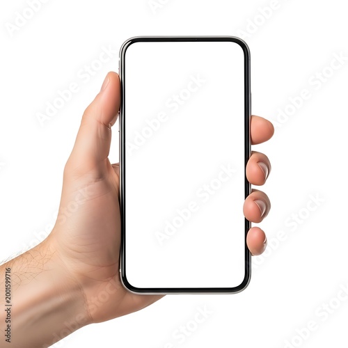 A hand holding a blank smartphone displaying no content on its screen