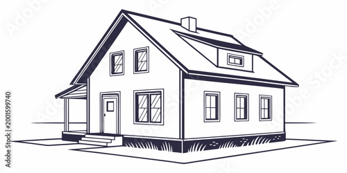 Photos Drawing of a modern house with a porch gabled roof multiple real estate line art