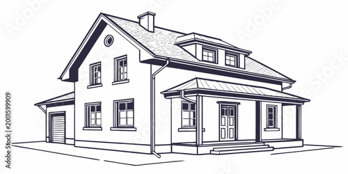 Sketch of a european style house with a garage and dormer real estate line art family home architecture design house plan residential building architecture drawing modern architecture