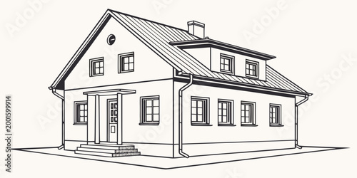 Line drawing of a two-story house with a porch and multiple real estate line art family home architecture design house plan residential building modern architecture dream house classic house