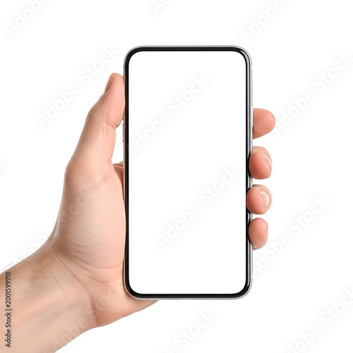 A hand holding a blank smartphone displaying an empty screen