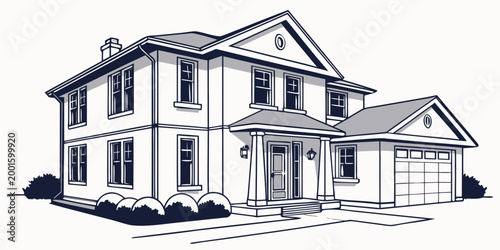 Illustration of a large two-story house with attached garage and landscaping real estate line art family home modern house architecture design house plan residential building architecture