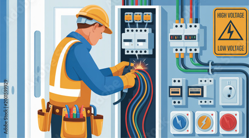 Electrician working with control panel in industrial setting Vector