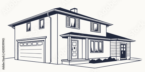 Black and white line art of a two-story house with attached garage and shutters real estate building illustration architecture residence dwelling property suburban exterior shutters