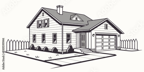 Stylized illustration of a house with garage picket fence landscaped yard real estate line art curb appeal building illustration stylized architecture residence dwelling property suburban