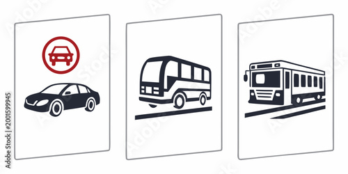 Collection of traffic signs and vehicle icons including a car bus train with public transport traffic sign road sign black and white background transportation options no cars allowed