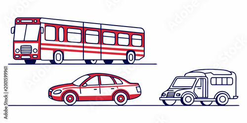 Stylized illustration of a bus sedan car minivan in red and white outline public transport white background transportation options vehicle collection modern design transport transportatio
