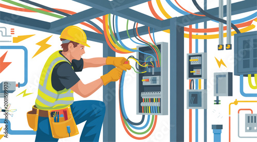 Electrician installing industrial electrical panel in a workshop Vector