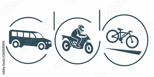 Three icons in circles: a dark blue suv a person on a motorcycle a bicycle on a ramp flat design vehicle types transport modes personal transport two wheels four wheels transport icon