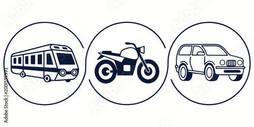 Three icons in circles: a modern train a motorcycle a car with public transport flat design transport modes rush hour city transport travel options road transport rail transport personal trans