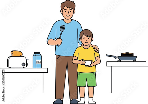 Happy father and son cooking breakfast together in a cozy kitchen at home.