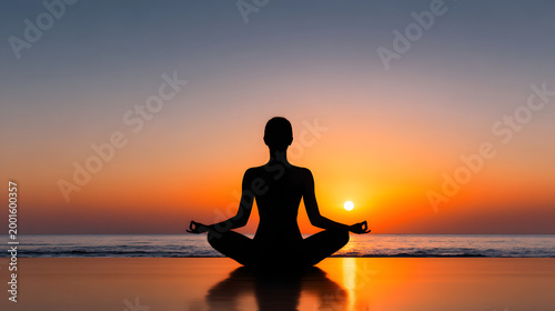Minimalist silhouette yoga practitioner lotus pose meditation sunset beach ocean calm against horizon, serene reflection on water, tranquil wellness scene, mindfulness and balance during dusk light