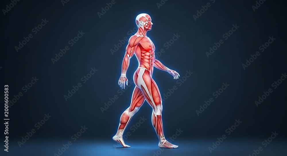 Obraz premium 3d human muscular system walking on dark blue futuristic background